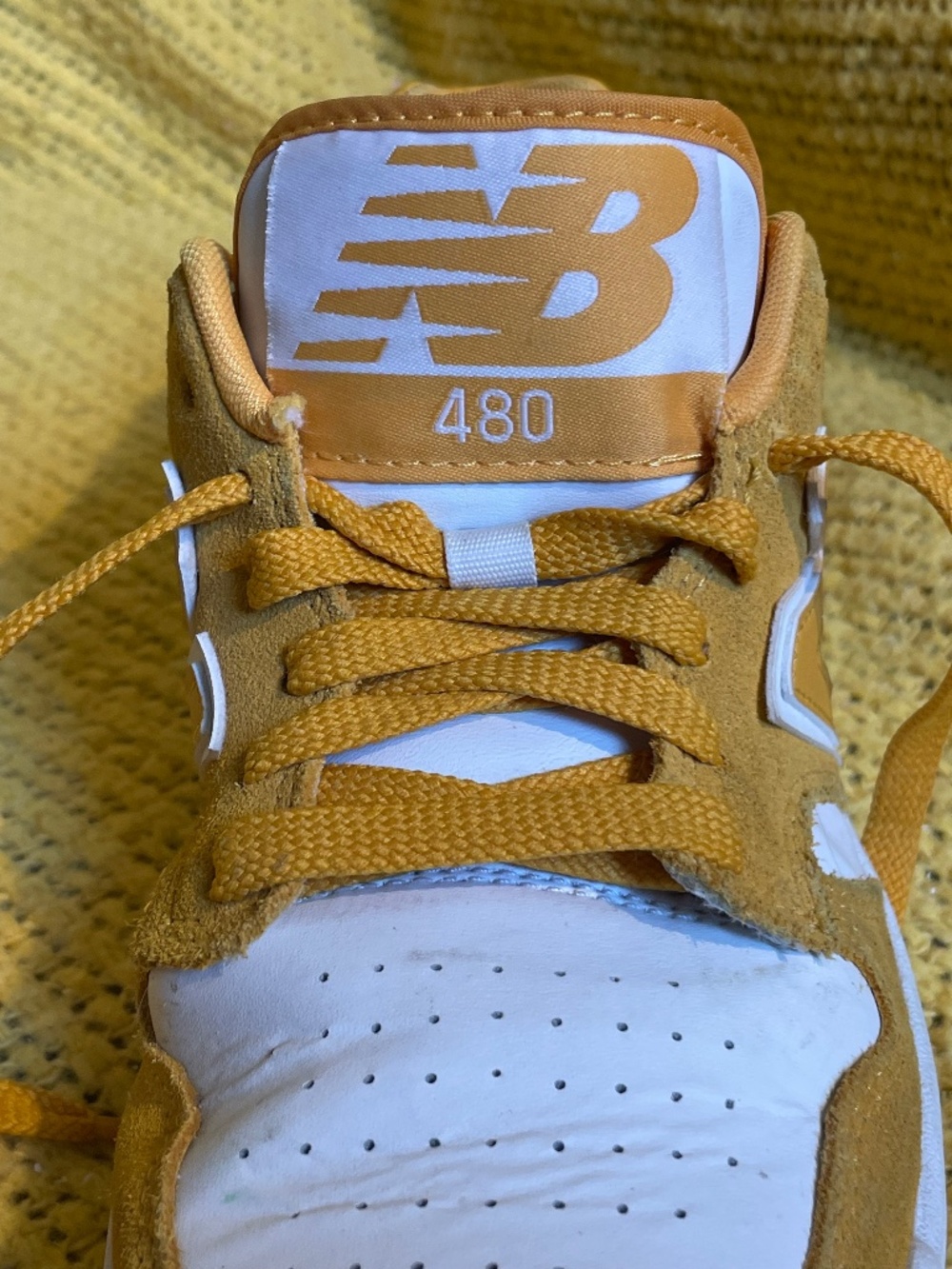 New Balance 480 Mustard Yellow & White Leather Suede Sneakers | Women's 7 - Picture 6 of 9